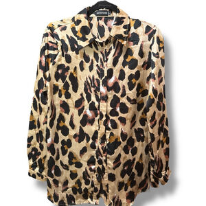 PrettyLittleThing Blouse Size S Beige Black Leopard Print
